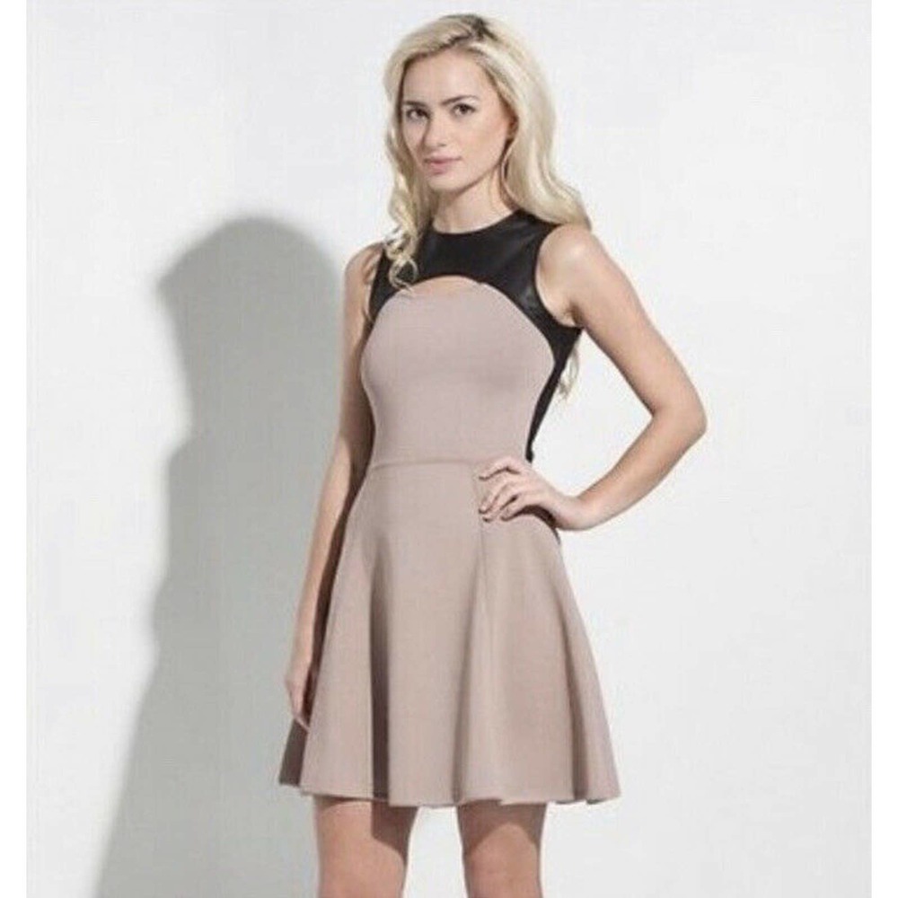 Cut25 by Yigal Azrouel Sz S Lamb Leather Ponte Knit Dress Fit Flare Black Mauve